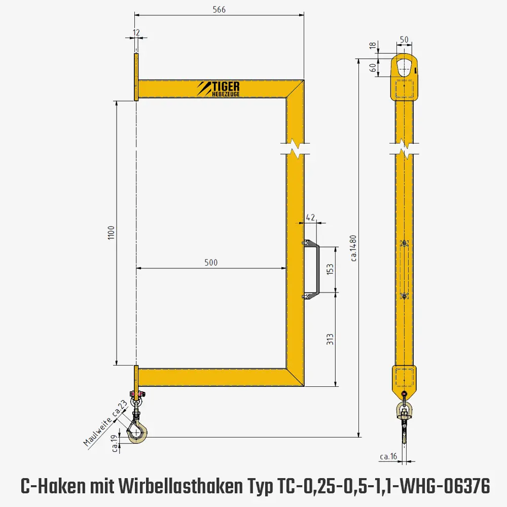 Technisches Bild für "tiger-c-haken-mit-lasthaken-typ-TC-0,25-0,5-1,1-WHG-06376-zeichnung