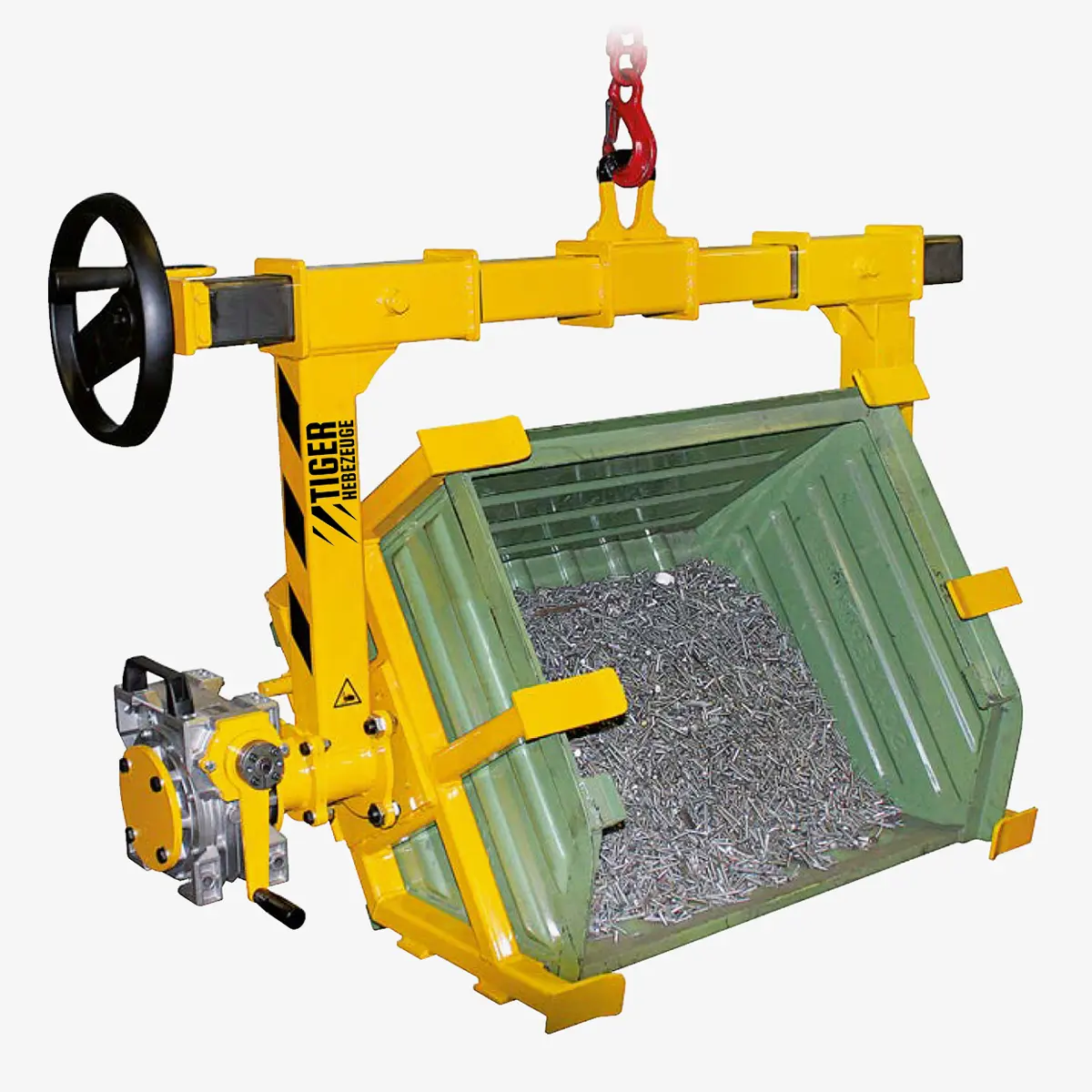 Produktbild von Spindel-Wendegreifer - Hebegreifer zum Heben und Entleeren von Lager-FIX Behältern per Kran tiger-spindelgreifer-serie-STD-SK-SG-zum-entleeren-von-lagerkaesten-aus-stahlblech