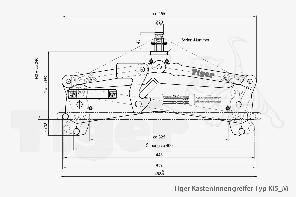 Technisches Bild von Kastengreifer Tiger zum Kran-Heben von Sichtlagerkästen aus Stahlblech Technisches Bild für tiger-kasten-innengreifer-typ-Ki5_M-zeichnung