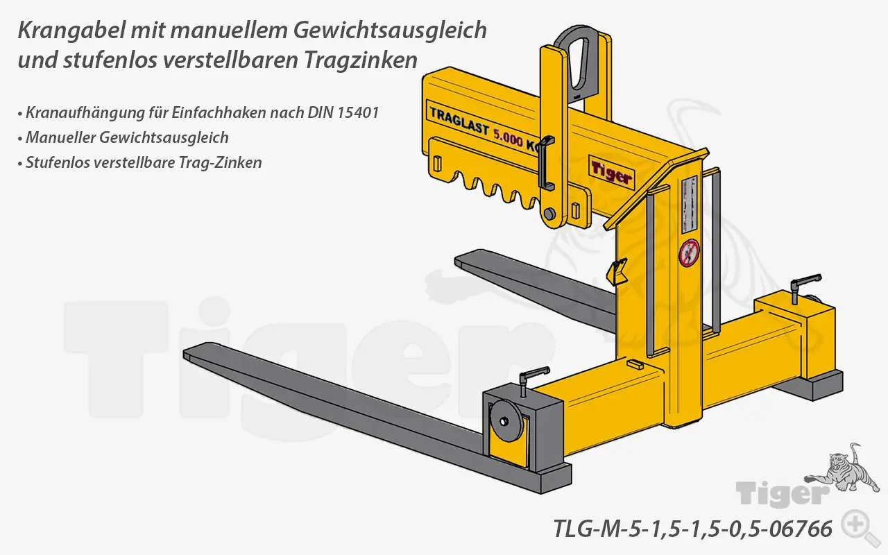 Produktbild von Tiger Sonder-Krangabel mit manuellem Gewichtsausgleich und verstellbaren Tragzinken Serie Sonder-TLG-M-5 tiger-kran-ladegabel-tlg-m-5-1-5-1-5-0-5-06766