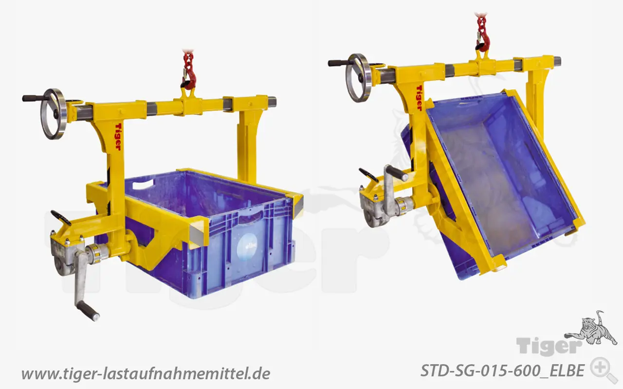 Produktbild von Tiger Sonder-Spindelgreifer mit Drehwerk für schwere Kunststoffkästen Serie Sonder-STD-SG tiger-sonder-kastenwendegreifer-std-sg-015-600-elbe