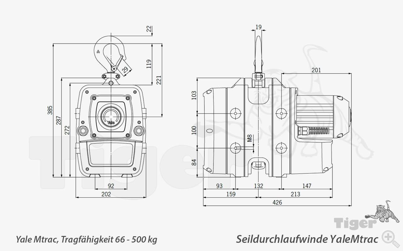 Zum Vergrößern anklicken Technisches Bild für seildurchlaufwinde-yalemtrac-zeichnung