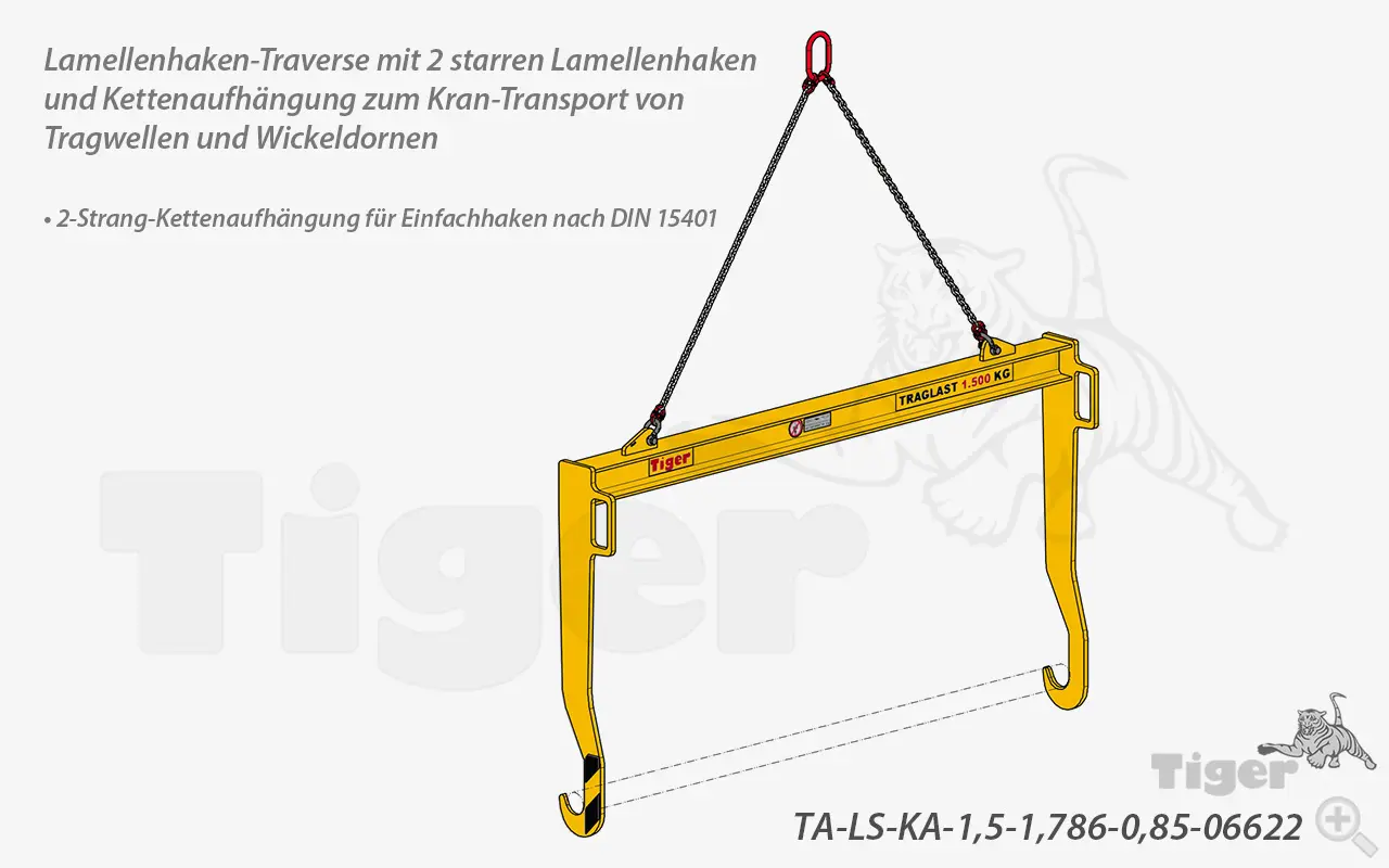 Produktbild von Tiger Sonder-Lamellenhaken-Traverse mit 2 starren Lamellenhaken und Kettenaufhängung zum Kran-Transport von Tragwellen und Wickeldornen Serie Sonder-TA-LS-KA tiger-lamellenhaken-traverse-kettenaufhaengung-ta-ls-ka-1-5-1-786-0-85-06622