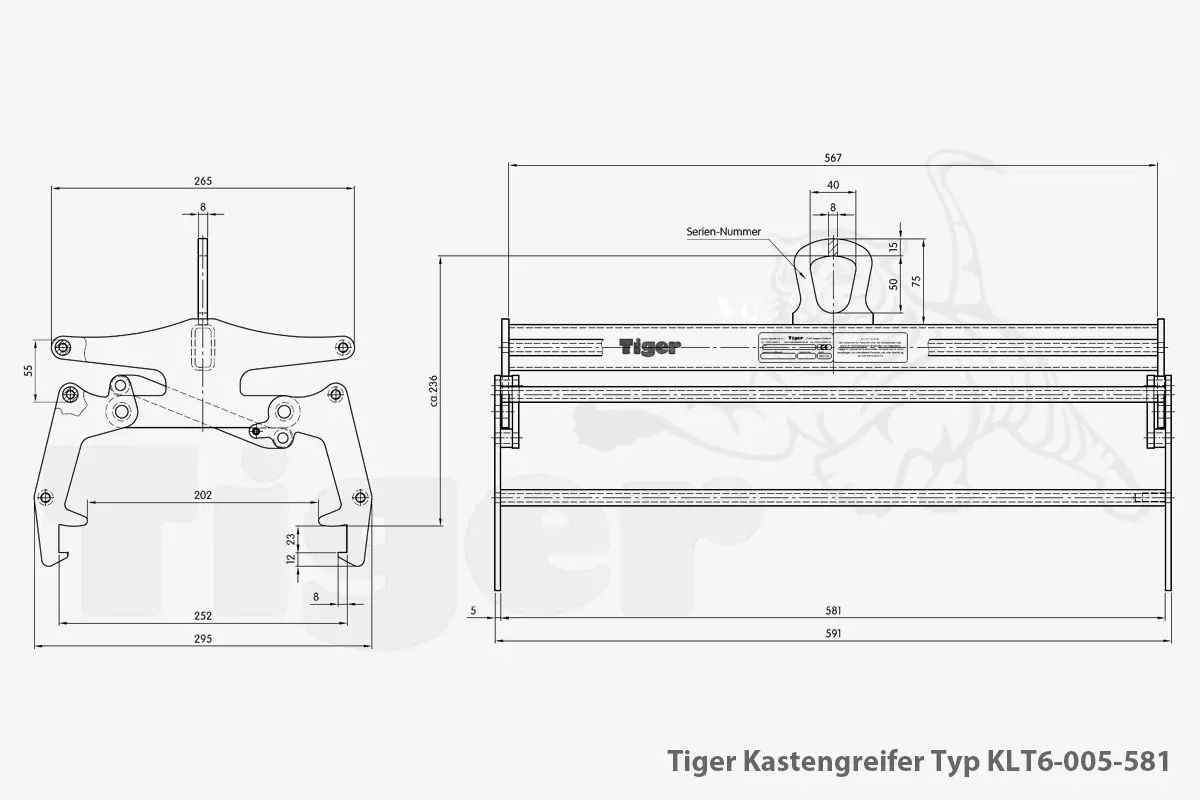 Technisches Bild von Tiger Kastengreifer für KLT-Behälter zum Kasten-Transport mit dem Kran Technisches Bild für tiger-kastengreifer-typ-klt6-005-581-zeichnung