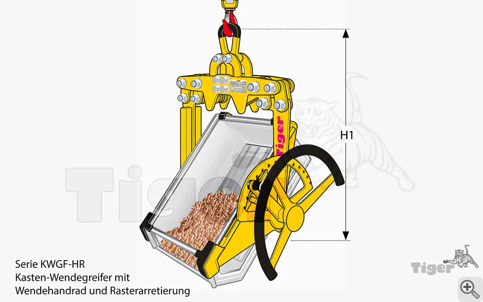 Produktbild von Tiger Kastenwendegreifer mit Handrad zum Heben und Leeren von Sichtlagerkästen Serie KWGF-HR tiger-kasten-wendegreifer-kwgf-hr