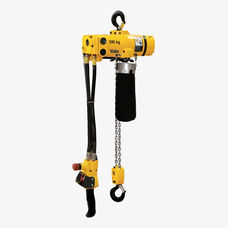 Produktbild von Ex-Druckluftkettenzug mit Traghaken und Steuerschalter am Schlauch für den ATEX Bereich Serie CPA tigerhebezeuge-pneumatische-kettenzuege-serie-CPA