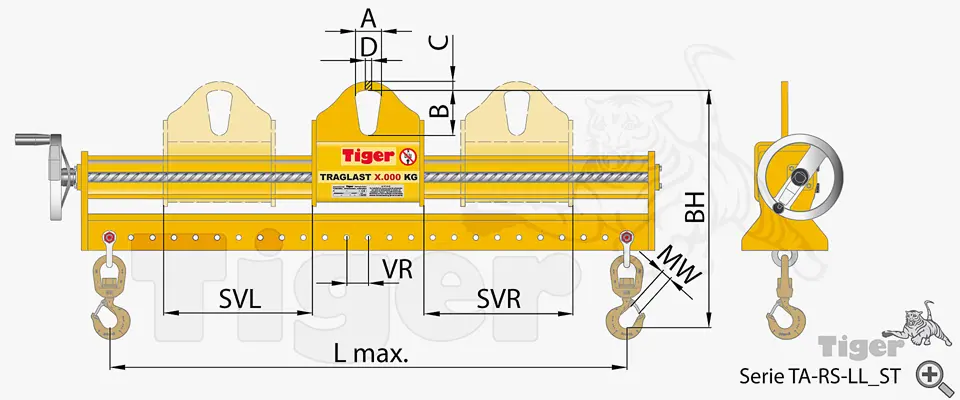 Technisches Bild von Tiger Balkentraverse mit Lochleiste und verstellbarer Kranaufhängung Technisches Bild für balkentraverse-ta-rs-ll-st-zeichnung1