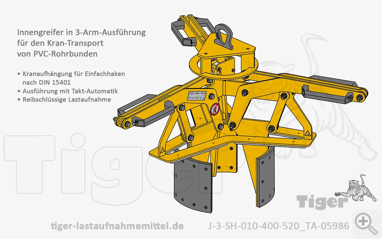 Produktbild von Tiger Sonder-3-Arm-Innengreifer mit erhöhtem Anpressdruck und Taktautomatik zum Heben von Schlauchbunden und Rohre Serie Sonder-J-3-SH-TA tiger-innengreifer-j-3-sh-010-400-520-ta-05986