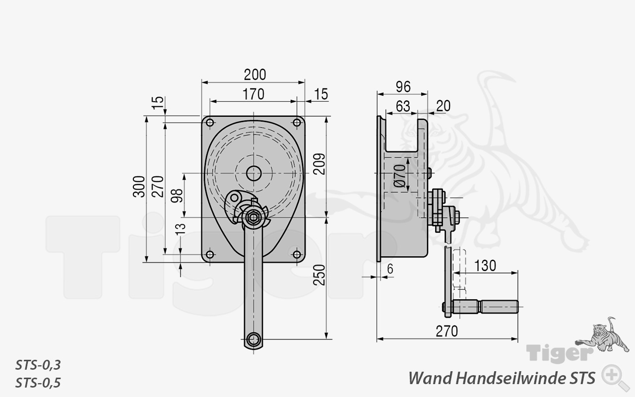 Zum Vergrößern anklicken 2. Produktbild zu handseilwinde sts 300 500kg zeichnung