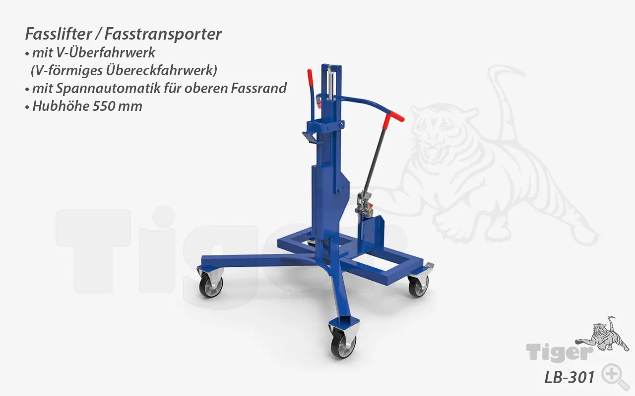 Produktbild von Fasslifter mit Spannautomatik und V-Übereckfahrwerk zum Heben und Verfahren von 200 l Stahlfässern fasstransporter-lifter-lb-301