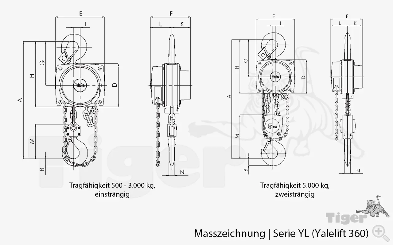 Zum Vergrößern anklicken Technisches Bild für stirnradflaschenzug-yale-yl-masszeichnung-bis-5000kg