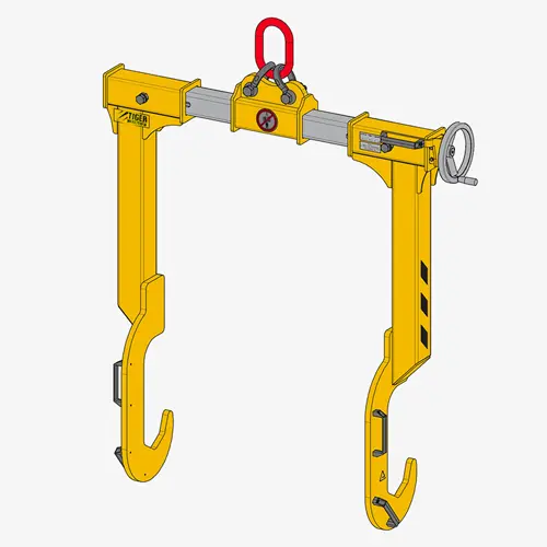 Produktbild von Tiger Sonder-Lamellenhaken-Traverse mit verstellbaren Langhaken zum Kranen von Tragwellen mit Coils Serie Sonder-TA-LS-VST tiger-sonder-langhakentraverse-stufenlos-verstellbar-serie-TA-LS-VST