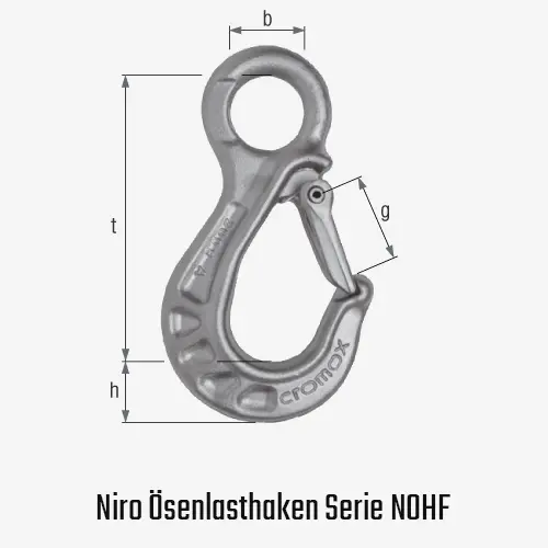 Niro-Ösenlasthaken aus cromox® Edelstahl mit Ösenkopf und Hakensicherung