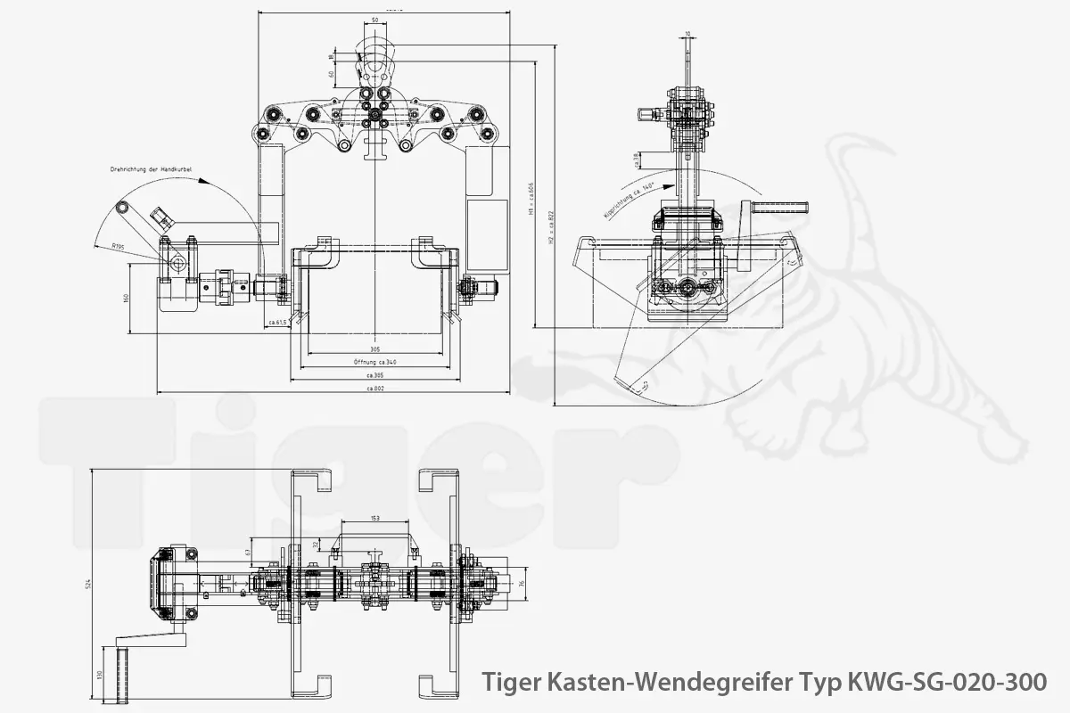 Technisches Bild von Tiger Kastenwendegreifer mit Kurbelgetriebe zum Heben und Leeren von Lagerkästen Technisches Bild für tiger-kastenwendegreifer-typ-kwg-sg-020-300-zeichnung