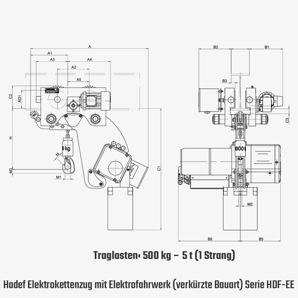 Technisches Bild für tigerhebezeuge-hadef-elektrokettenzug-mit-elektrofahrwerk-serie-HDF-EE-in-verkuerzter-bauart-zeichnung-500kg-bis-5t