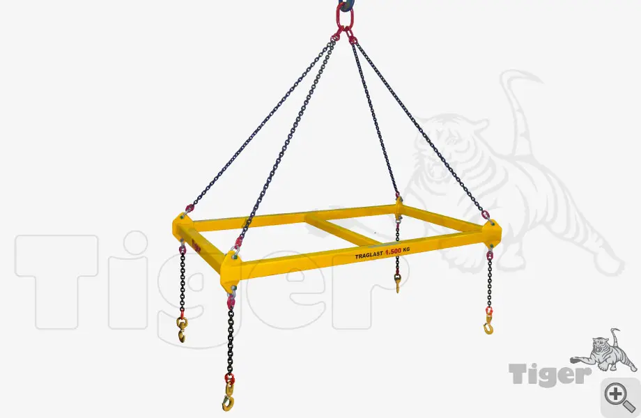 Produktbild von Tiger Sonder-Rahmen-Traverse mit 4-Strang-Kettenaufhängung und 4 Kettenstränge mit Wirbellasthaken Serie Sonder-TA-Q-KA-HK "Rahmentraverse_TA-Q-KA-1,5-1,6x0,9_4xHK-Lastaufnahmemittel