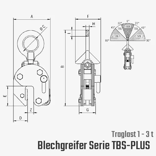 Zum Vergrößern anklicken Technisches Bild für tigerhebezeuge-blechgreifer-blechklemmen-hebeklemmen-tigrip-serie-TBS-PLUS-zeichnung