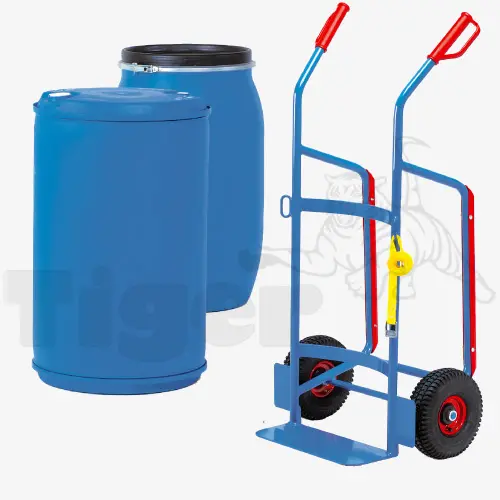 Produktbild von Fasskarren für 120-220 l Kunststoff-Fässer mit Vollgummibereifung oder Luftreifen Serie F-FKK tigerhebezeuge-fasskarre-fuer-kunststoff-faesser-umweltlagertechnik