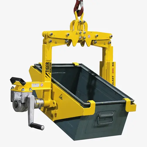 Produktbild von Tiger Kastenwendegreifer mit Kurbelgetriebe zum Heben und Leeren von Lagerkästen tiger-kasten-wendegreifer-serie-KWG-SG-mit-handkurbel-und-getriebe-zum-heben-und-entleeren-von-stahlbech-lagerkaesten