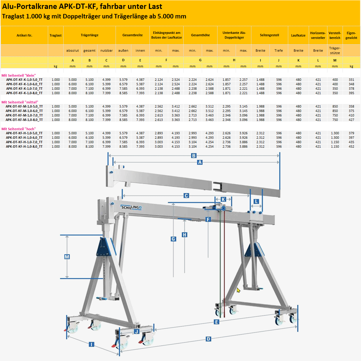 Technisches Bild für tigerhebezeuge-alu-portalkrane-1000kg-mit-doppeltraeger-traegerlaenge-ab-5000-mm-serien-APK-DT-KF-typenuebersicht-zeichnung