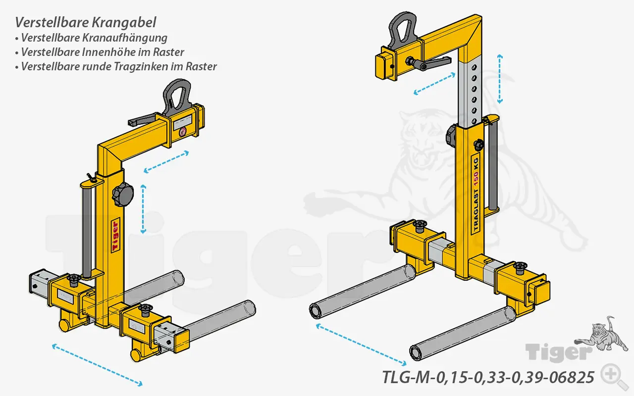Produktbild von Tiger Sonder-Krangabel mit verstellbaren runden Zinken, Innenhöhe und Kranaufhängung Serie Sonder-TLG-M-0,15 tiger-kran-ladegabel-tlg-m-0-15-0-33-0-39-06825