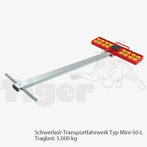 Produktbild von Schwerlast-Transportfahrwerke mit PU-Rollen zur 3-Punkt-Auflage TH: 60 mm tigerhebezeuge-schwerlast-transportfahrwerk-Mini-50-L