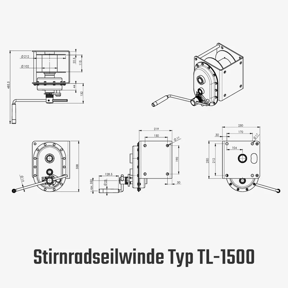 Wand-Handseilwinde mit Stirnradgetriebe - Lastbremse und verstellbarer Kurbel
