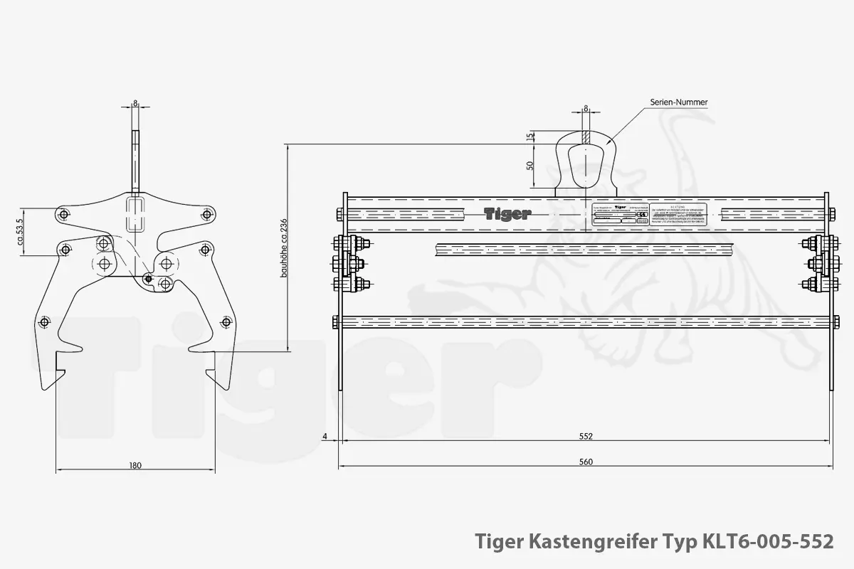 Technisches Bild von Tiger Kastengreifer für KLT-Behälter zum Kasten-Transport mit dem Kran Technisches Bild für tiger-kastengreifer-typ-klt6-005-552-zeichnung