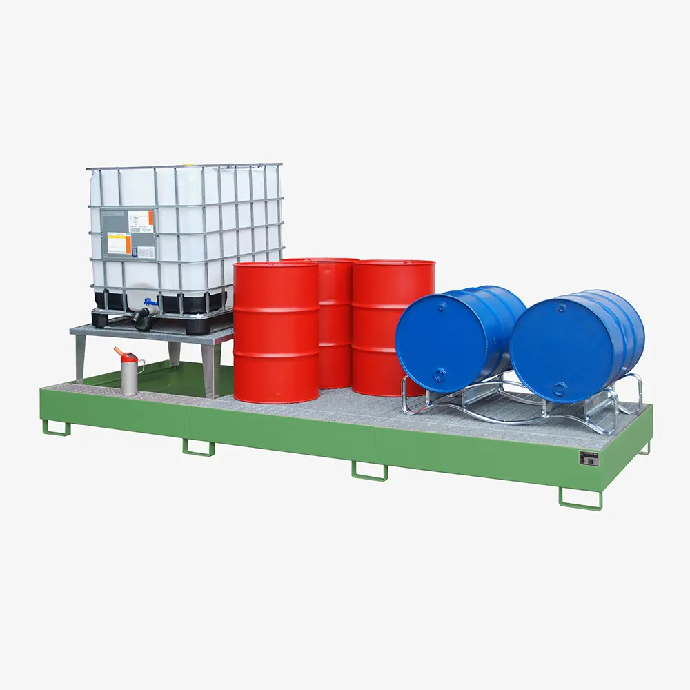 Auffangwanne mit Abfüllaufsatz für IBCs und Fässer – Stahlwanne zur Gefahrstoff-Lagerung