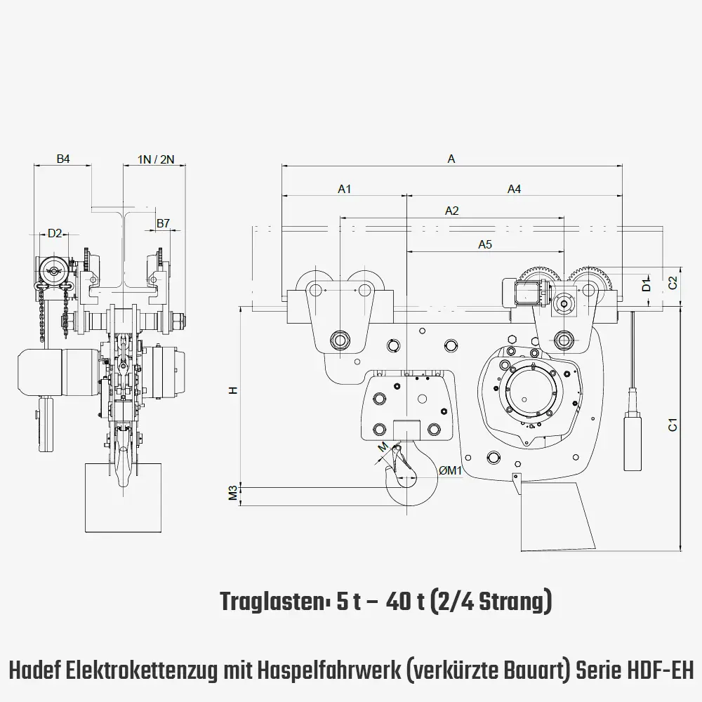 Technisches Bild für tigerhebezeuge-hadef-elektrokettenzug-mit-haspelfahrwerk-serie-HDF-EH-in-verkuerzter-bauart-zeichnung-5000-40000kg