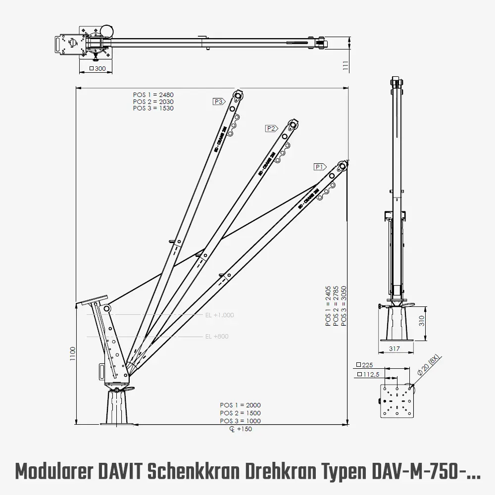 Drehkran Davit – modularer 360° Outdoor-Schwenkkran mit Seilwinde
