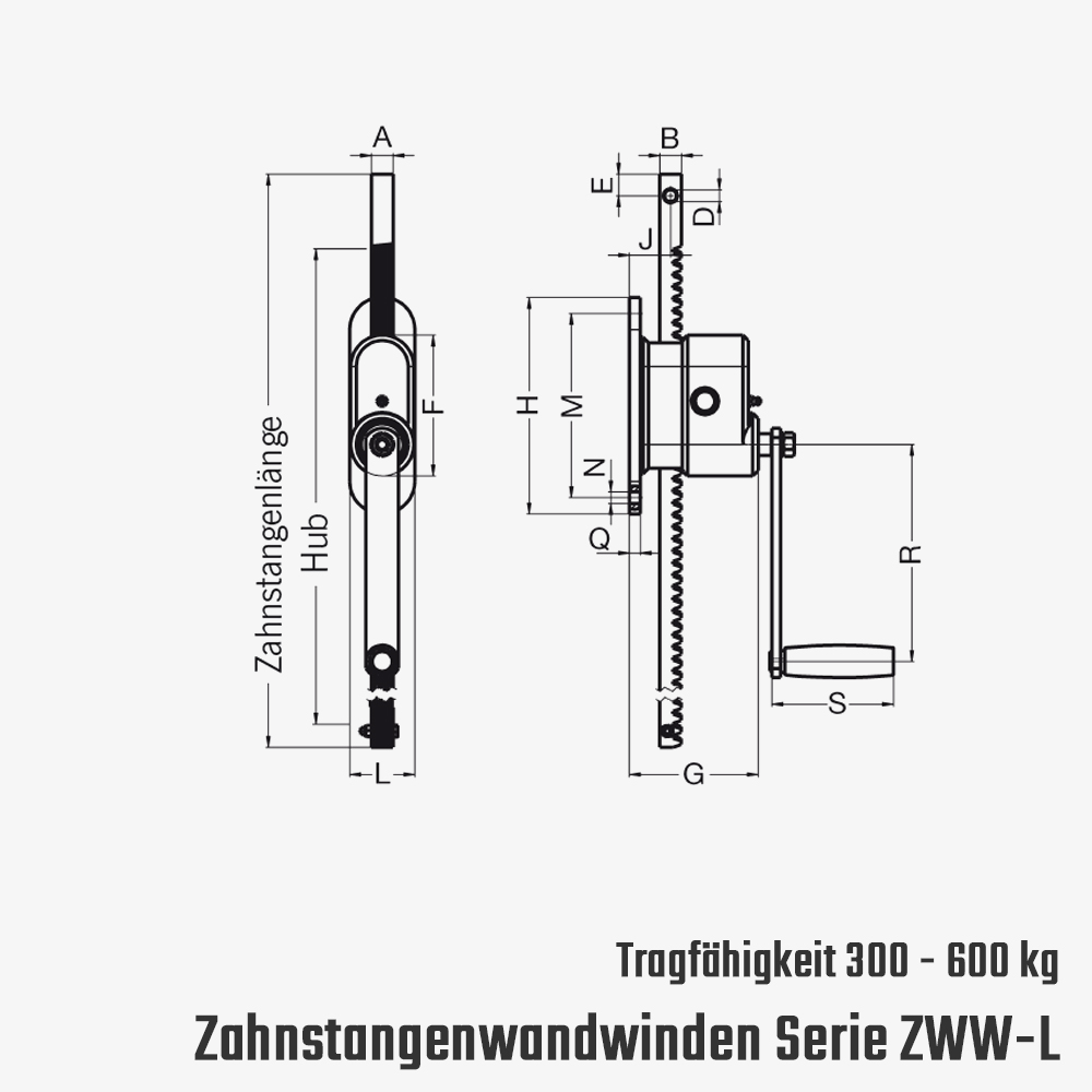 Technisches Bild für tigerhebezeuge-yale-pfaff-zahnstangen-wandwinden-mit-schneckengetriebe-serie-ZWW-L-zeichnung-300-600-WLL
