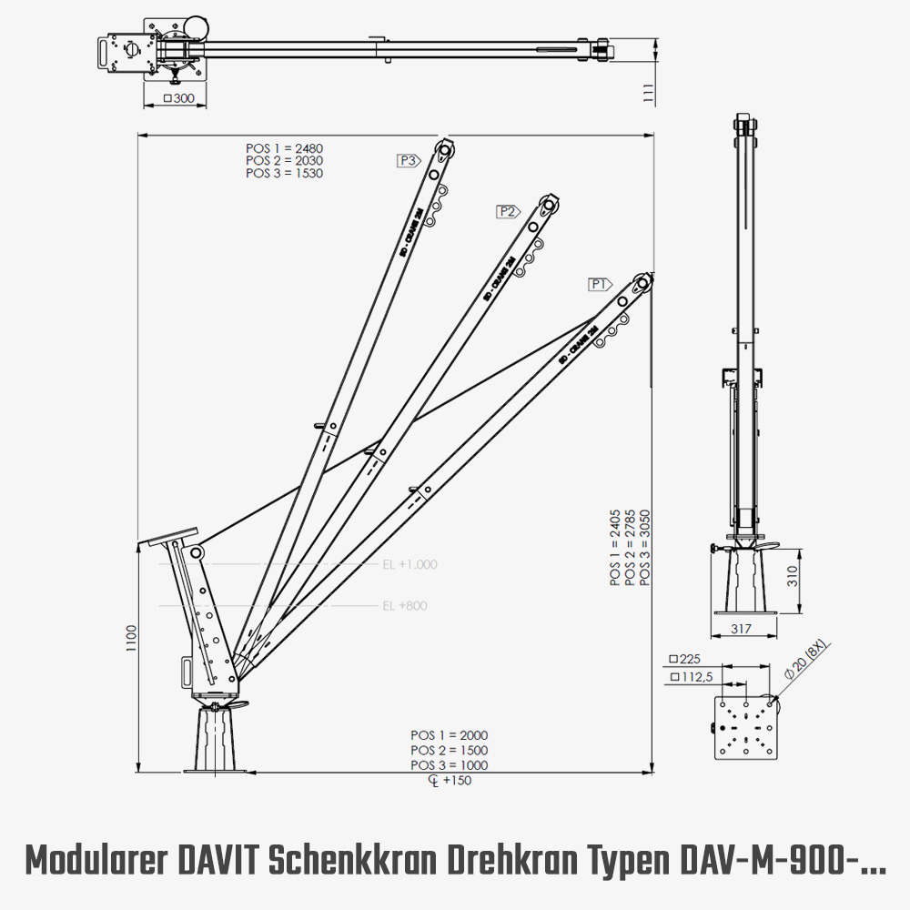 Drehkran Davit – modularer 360° Outdoor-Schwenkkran mit Seilwinde