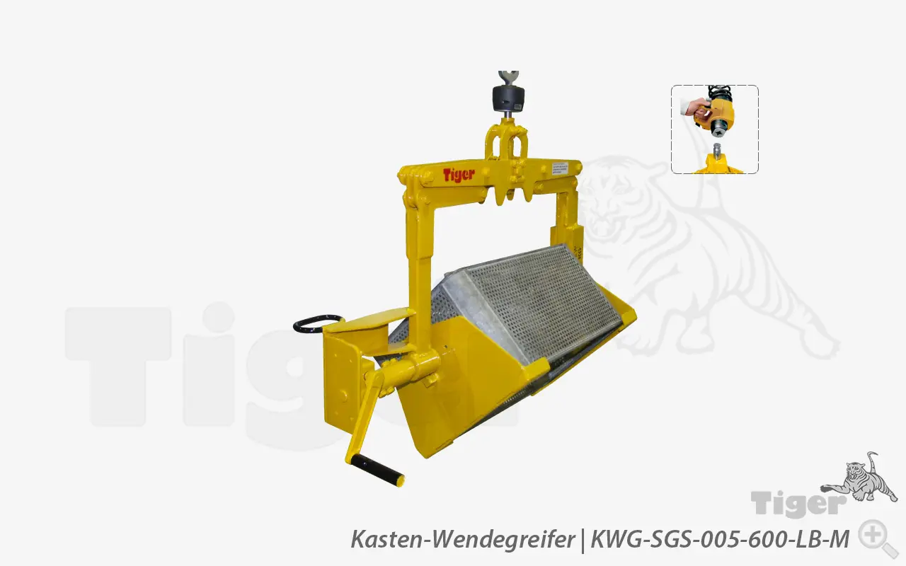 Produktbild von Tiger Sonder-Kasten-Wendegreifer mit Manu-Kuppler als Aufhängung zum Heben und Leeren von Drahtkörben Serie Sonder-KWG-SGS-LB-M tiger-kasten-wendegreifer-kwg-sgs-005-600-lb-m