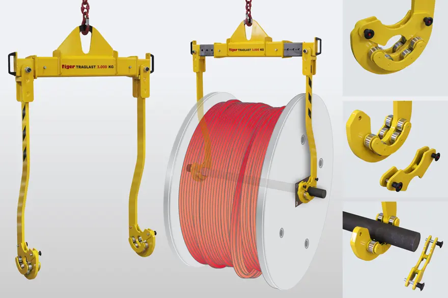 Produktbild von Tiger Sonder-Lamellenhaken-Traverse mit Kugellager zum Kranen von großen Kabeltrommeln Serie Sonder-TA-LSTR-3,0-SR tiger-ta-lstr-3-0-1-3-1-2-d130-d80-sr-neu
