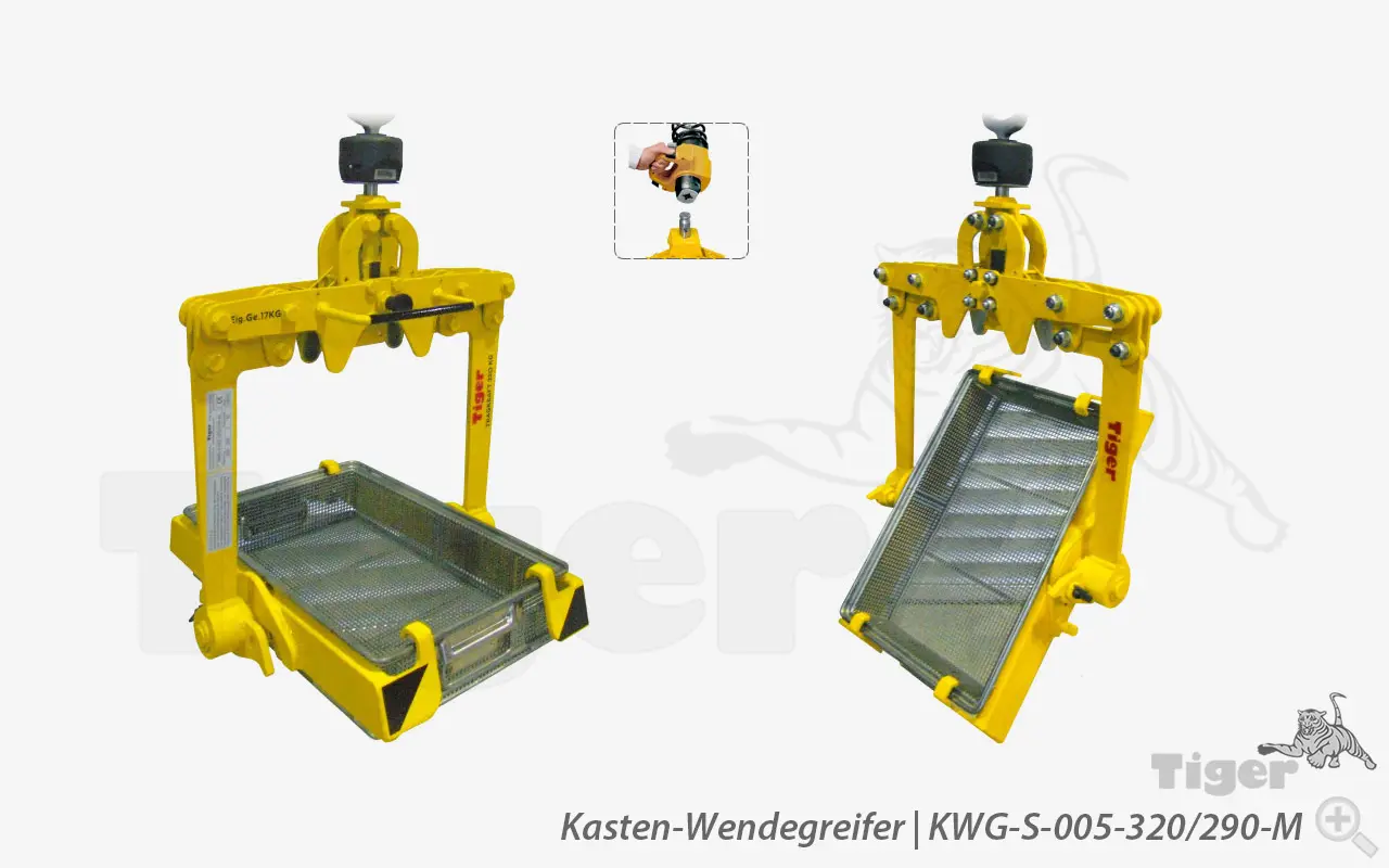 Produktbild von Tiger Sonder-Kasten-Wendegreifer mit Aufhängung als Kupplungsstift für Demag-Manulift-Kettenzug Serie Sonder-KWG-S-M tiger-kasten-wendegreifer-kwg-s-005-320-290-m