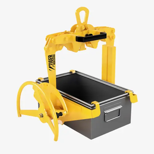Produktbild von Tiger Kastenwendegreifer mit Handrad zum Heben und Leeren von Lagerkästen Serie KWG-HR tiger-kastenwendegreifer-serie-KWG-HR-kastengreifer-mit-handrad-zum-auschuetten
