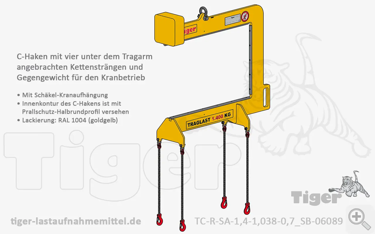 Produktbild von Tiger Sonder-C-Haken mit vier unter dem Tragarm angebrachten Kettensträngen Serie Sonder-TC-R-SA tiger-c-haken-tc-r-sa-1-4-1-038-0-7-sb-06089-lastaufnahmemittel