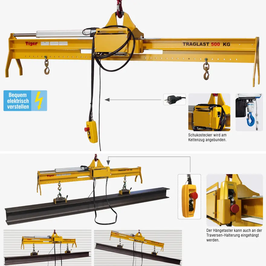 Produktbild von Tiger Sonder-Balkentraverse mit elektrisch verstellbarer Kranaufhängung und verstellbaren zwei Wirbellasthaken an Lochleiste ta-rs-ll-0-5-2-1-e-h-2