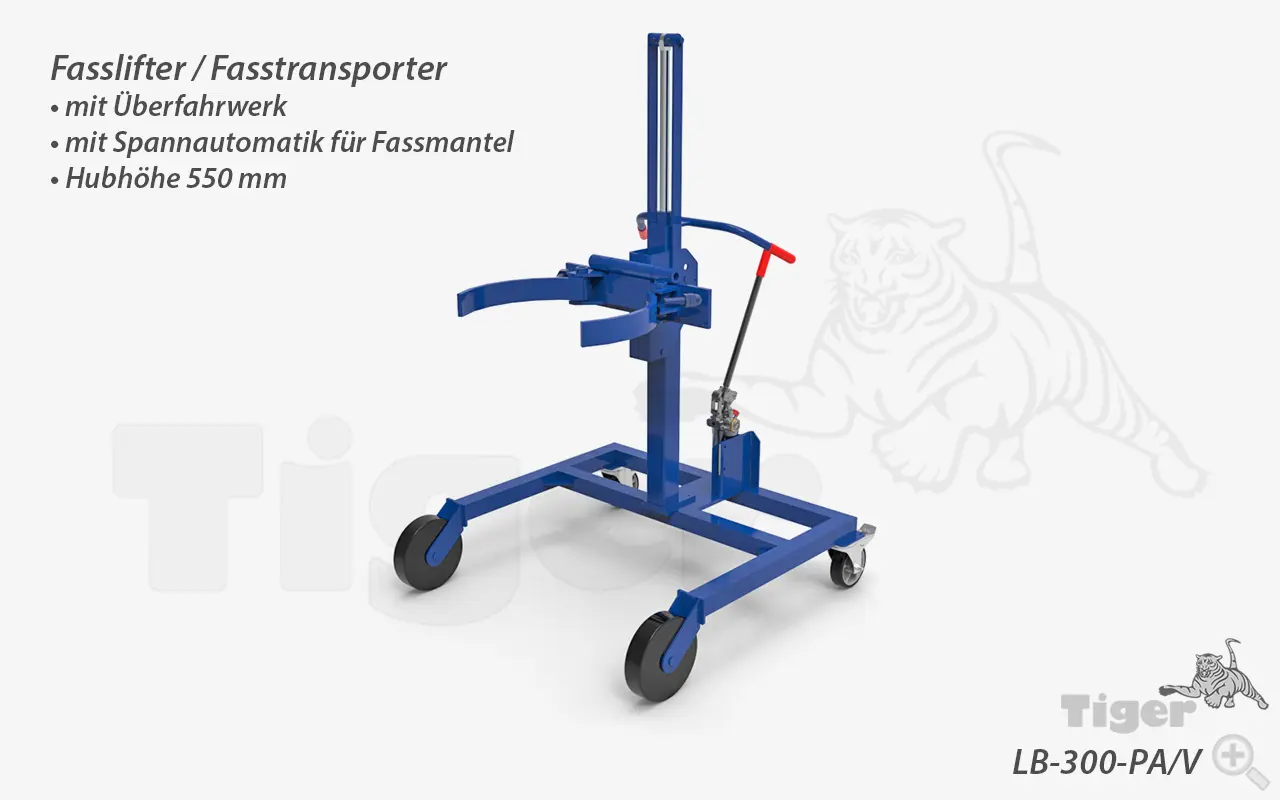 Produktbild von Fasslifter mit Spannautomatik am Stahl-Fassmantel zum Heben und Verfahren von 200 Liter Stahl- und Kunststoff - L-Ring Fässern fasstransporter-lifter-lb-300-pa-v