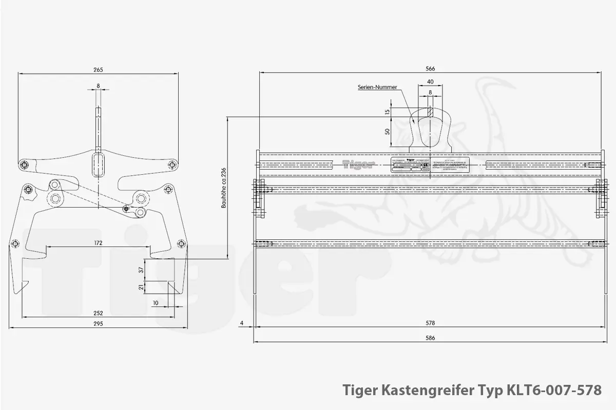 Technisches Bild von Tiger Kastengreifer für KLT-Behälter zum Kasten-Transport mit dem Kran Technisches Bild für tiger-kastengreifer-typ-klt6-007-578-zeichnung