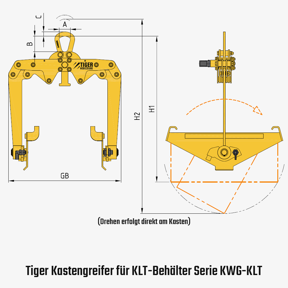 Tiger Kasten-Wendegreifer mit und ohne Handrad - KLT Kunststoffkästen per Kran heben und entleeren