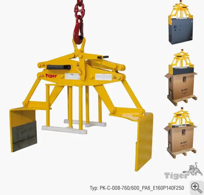 Produktbild von Tiger Sonder-Kartongreifer mit Mitten-Abstützung und Andruckpallen mit Reibbelag Serie Sonder-PK-C tiger-sonder-kartongreifer-hebezange-tigerhebezeuge