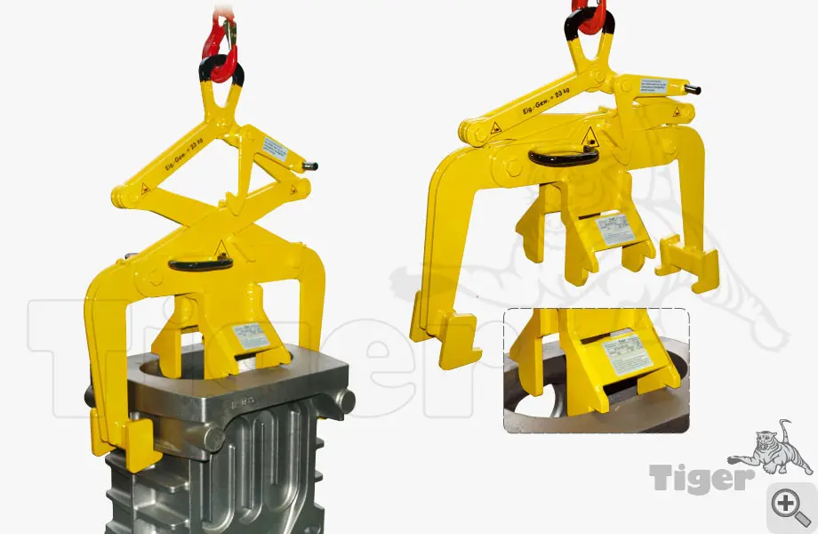 Produktbild von Tiger Sonder-Blockgreifer mit mittiger Abstützung und abgewinkelten Pallen blockgreifer-11-tiger-lastaufnahmemittel