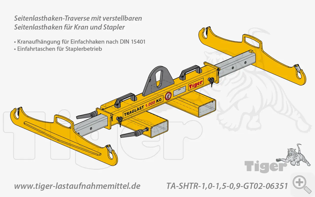 Produktbild von Tiger Sonder-Staplertraverse mit ausziehbaren Seitenhaken und Kranöse Serie Sonder-TA-SHTR-GT tiger-seitenlasthaken-traverse-06351-lastaufnahmemittel