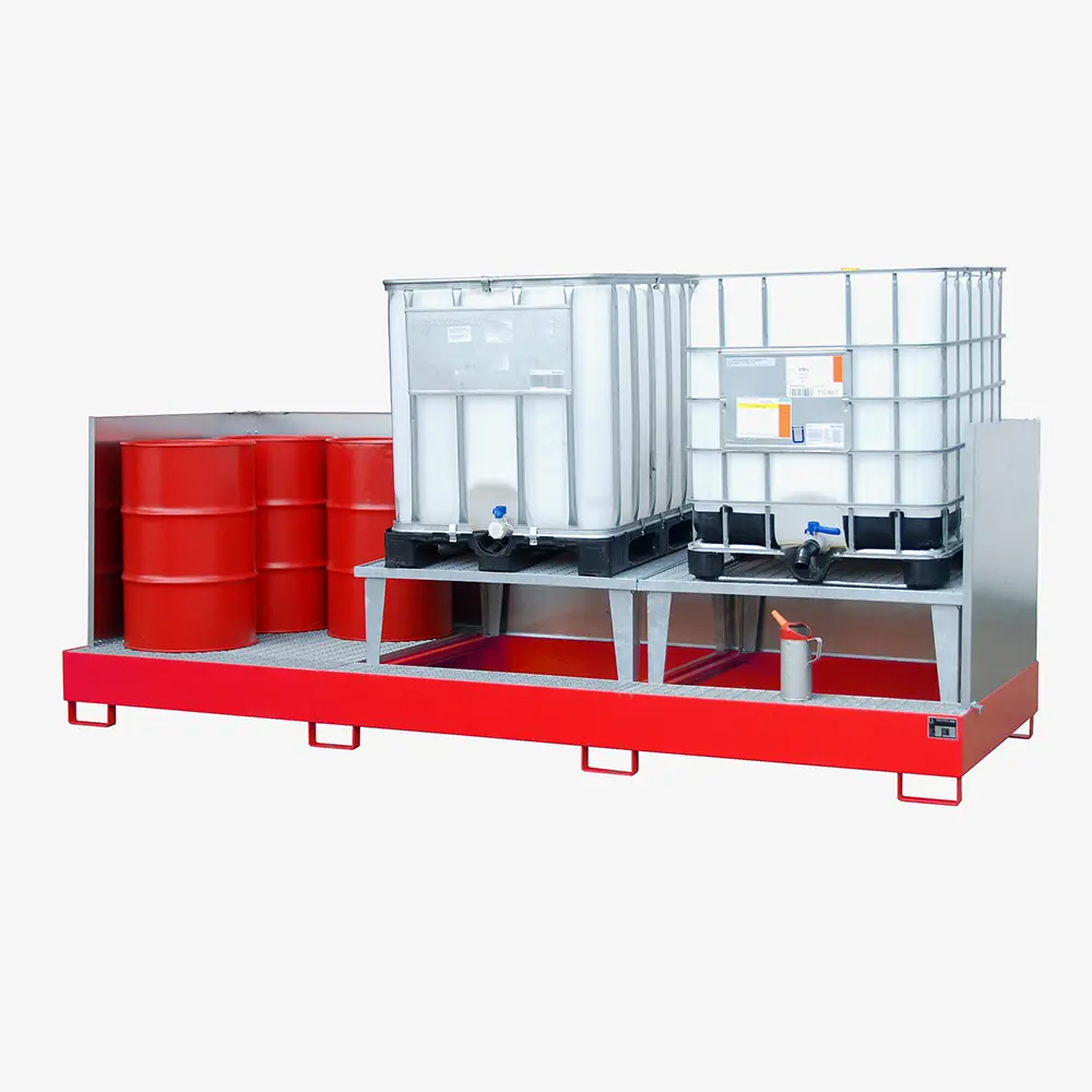 Auffangwanne mit Abfüllaufsatz für IBCs und Fässer – Stahlwanne zur Gefahrstoff-Lagerung