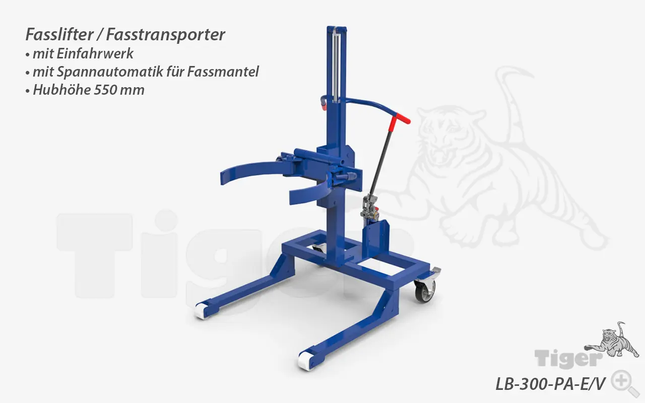 Produktbild von Fasslifter mit Spannautomatik am Stahl-Fassmantel zum Heben und Verfahren von 200 Liter Stahl- und Kunststoff - L-Ring Fässern fasstransporter-lifter-lb-300-pa-e-v