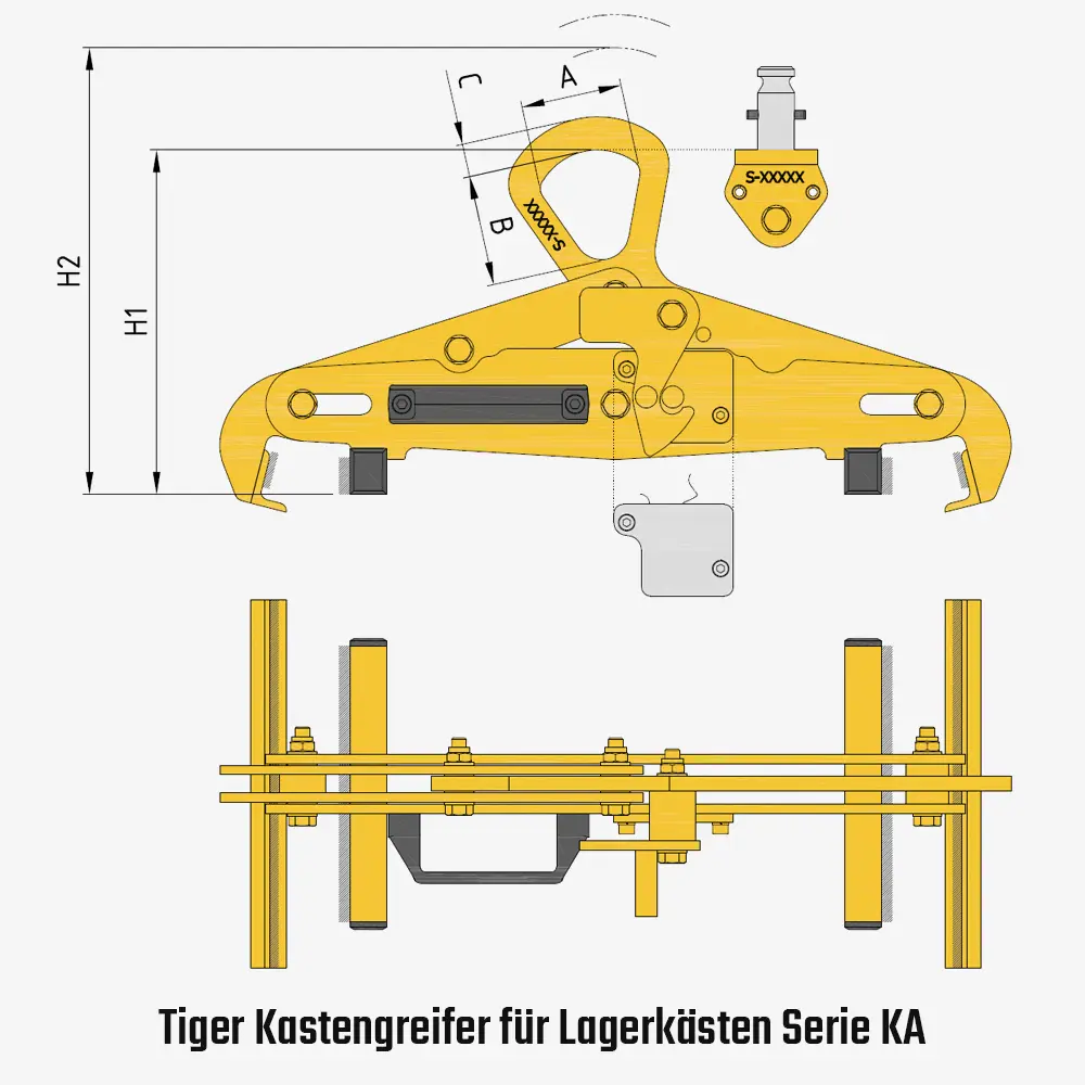 Tiger Kastengreifer mit manueller Hebel-Arretierung oder Taktautomatik – Lagerkästen und Waschkörbe mit dem Kran heben