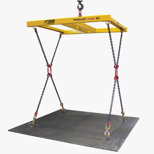 Produktbild von Tiger Sonder-Quer-Traverse in Niedrigbauweise mit vier Wirbellasthaken an Kreuzkettensträngen zur Pendelstabilisierung Serie Sonder-TA-QN-2,5-HK "tiger-sonder-quertraverse-in-niedrigbauweise-mit-2-kreuz-kettenstraengen-und-4-wirbellasthaken-serie-TA-QN-2,5-HK