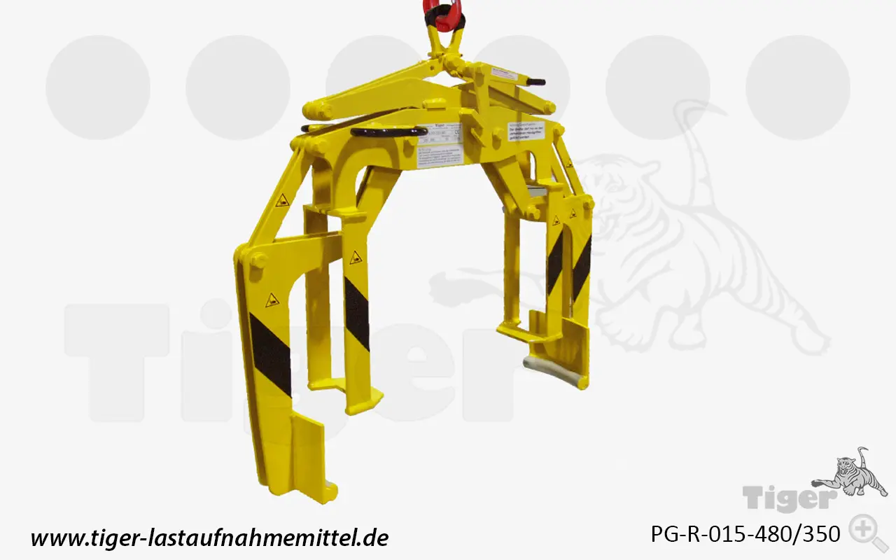 Produktbild von Tiger Sonder-Parallelgreifer mit tieferer Abstützung und Formschussbacken mit Schonbelag zum Heben von Rundmaterial Serie Sonder-PG-R tiger-sonder-parallelgreifer-pg-r-015-480-350
